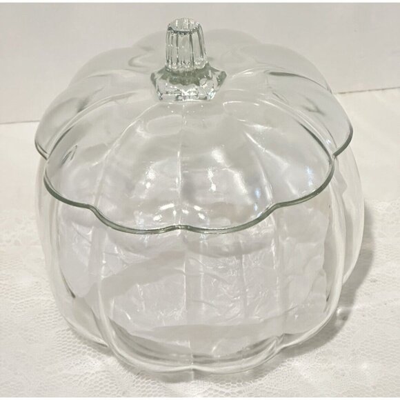 Clear Glass Pumpkin Shape Canister Dish Lid Fall Decor Cookie Candy Jar Dips - Picture 1 of 13